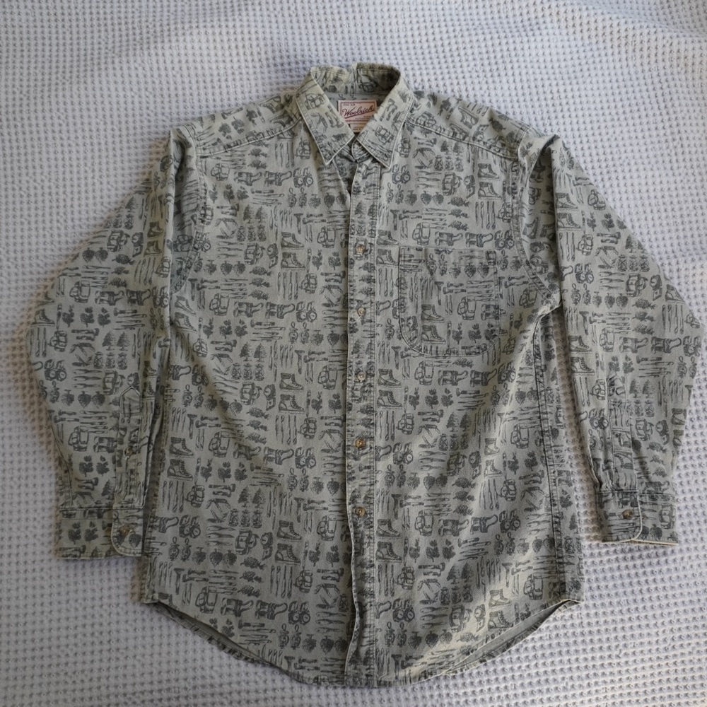 Woolrich Men's Gray Outdoor Camping Graphic Casual Bottom Button Down Shirt